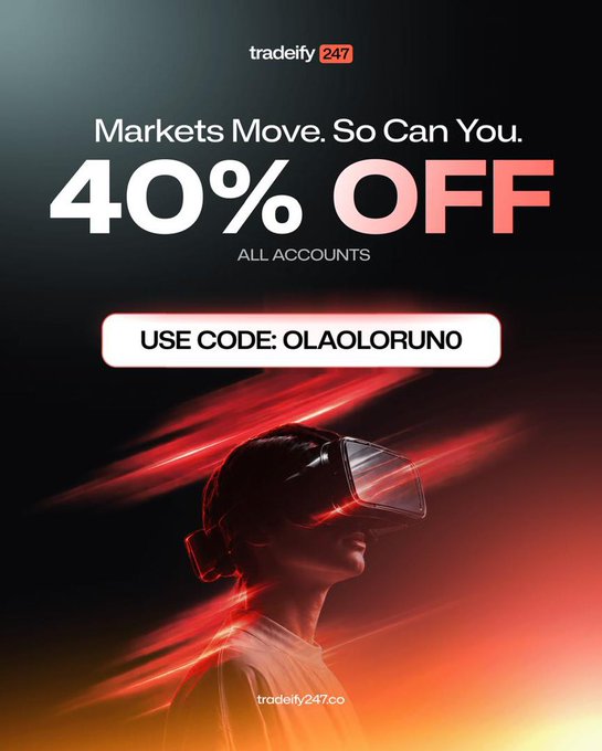A promotional ad for tradeify247 features a person in a VR headset and reads 'Markets Move. So Can You. 40% OFF ALL ACCOUNTS USE CODE: OLAOLORUNO tradeify247.co'.