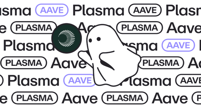 A black-and-white graphic showing a stylized ghost character surrounded by a repeating pattern of the words "Plasma," "AAVE," and "PLASMA," with a circular spiral logo on the left.