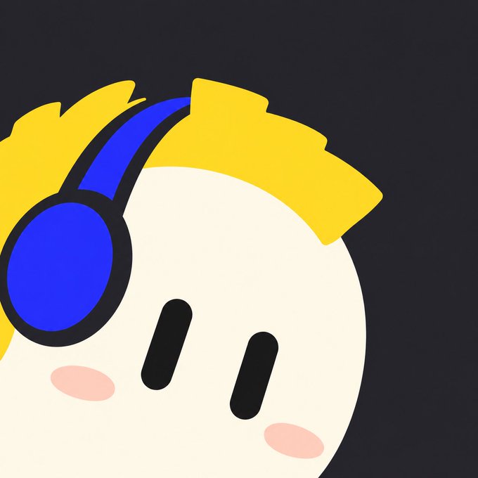 A stylized cartoon character with a round cream-colored face, wearing blue headphones, with simple black oval eyes and pink cheek blushes.