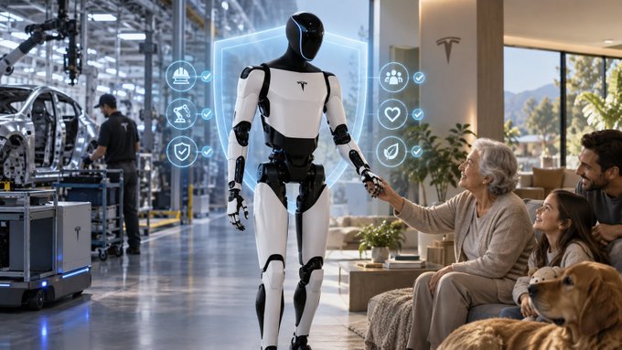 A futuristic humanoid robot with a Tesla logo standing in a manufacturing facility, surrounded by holographic interface icons, with an elderly woman and others observing from a living area.