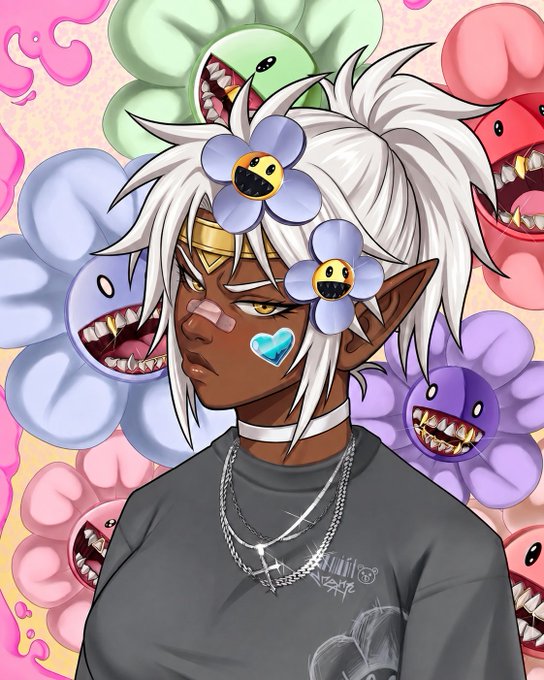 An anime-style illustration of a character with white hair, pointed ears, and flower accessories, surrounded by colorful flower-shaped creatures with sharp teeth.