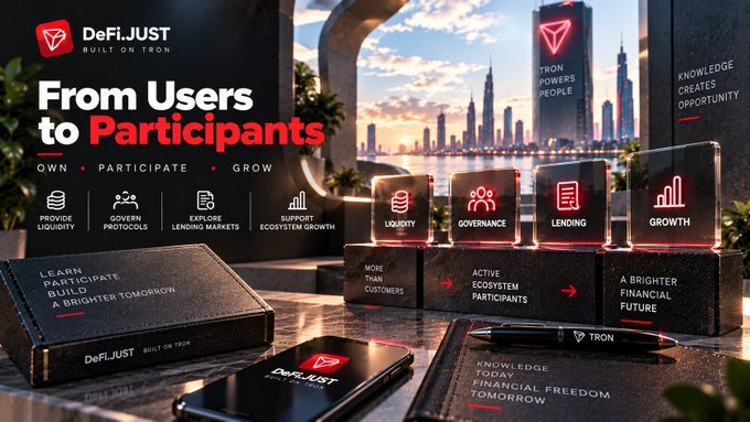 A promotional graphic for DeFiJUST, built on TRON, titled 'From Users to Participants,' highlighting pillars like Liquidity, Governance, Lending, and Growth against a city skyline backdrop.