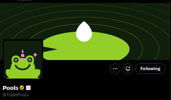 A profile card or social media header for 'Pools' (@TradePools) featuring a green cartoon frog logo with a party hat against a dark green background with an egg icon.