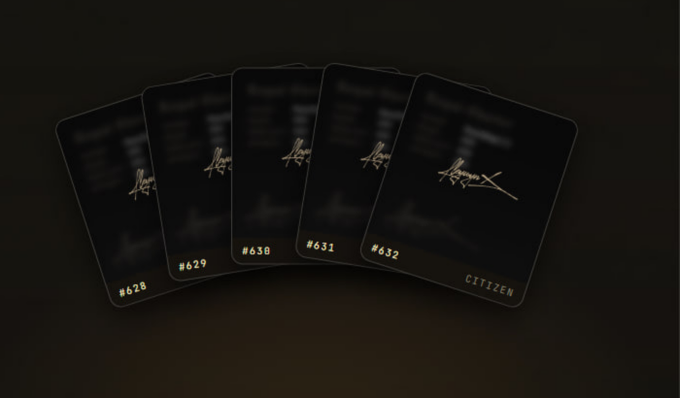 Five dark trading cards fan out against a black background, each featuring a gold signature and numbered #628 through #632, with the card #632 displaying the word 'CITIZEN'.