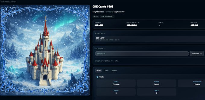 An NFT marketplace listing for 'GKK Castle #293' (Knight Castles collection by CryptoNimeXx), showing a wCRO price of 300, floor price 450.00 CRO, last sale 400 CRO, and traits like Criminal, Cobalt, Tumbo.