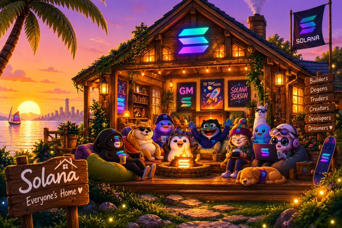 A cozy beachfront cabin adorned with Solana logos and a "Solana Season" poster serves as a welcoming gathering spot for a diverse group of anthropomorphic characters—including Shiba Inus, penguins, and other creatures—gathered around a firepit, with signs labeling them as "Builders, Degens, Traders, Creators, Developers, Dreamers" and a wooden plank reading "Solana - Everyone's Home," perfectly illustrating the inclusive community spirit described in the post.