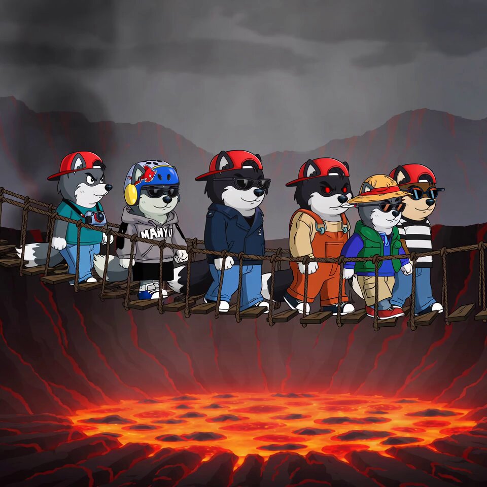 The image features a group of six cartoon dogs walking across a bridge, with each dog wearing sunglasses and hats. The bridge appears to be made of rope or wire, as there are no visible ropes or wires in the scene. The background shows a fiery landscape, possibly an active volcano or a hot spring, which adds a sense of danger and excitement to the overall atmosphere. The caption provided after the image suggests that these dogs have been torched by a fire, with only 59 left on the bridge before they are gone forever.