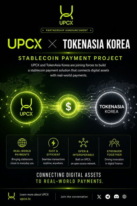 A partnership announcement graphic between UPCX and TokenAsia Korea for a Stablecoin Payment Project.