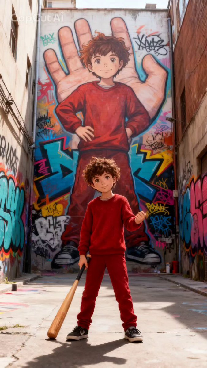 The image features a young boy wearing red clothing standing next to a mural of two boys with hands placed on their shoulders. The boy holds a baseball bat, which adds an element of sports to the scene. In addition, there are other elements present in the background such as graffiti and buildings that contribute to the urban atmosphere of the picture. This image is likely related to the post about the person holding a baseball bat or could be part of a larger context, like a story or video game setting.