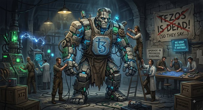 A digital illustration depicting a giant mechanical robot with a 'tz' symbol being repaired by workers in a workshop, accompanied by signs reading 'TEZOS IS DEAD! (SO THEY SAY...)' and 'UPGRADE IN PROGRESS: EVOLVING.'