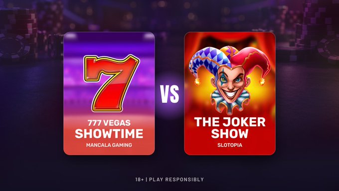 A gambling comparison graphic pits “777 Vegas Showtime” from Mancala Gaming against “The Joker Show” from Slotopia, with “18+ | PLAY RESPONSIBLY” at the bottom.