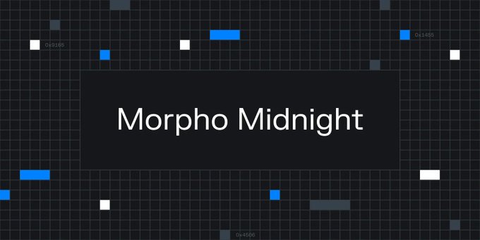 The image displays the text "Morpho Midnight" on a dark background with a digital grid pattern accented by blue and white pixels, serving as a title card for the announcement of Morpho Midnight's launch on Base with fixed rate and fixed term lending features.