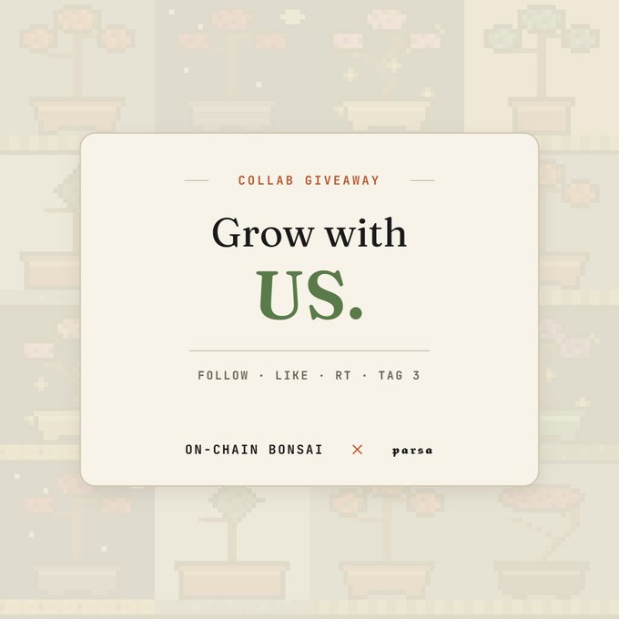 The image features a poster for an event called "Grow with US." The poster has a white background, green text that reads "Collab Giveaway" and "Follow us", and a list of tags such as "RT Tag 3". There are also several potted plants in the image.