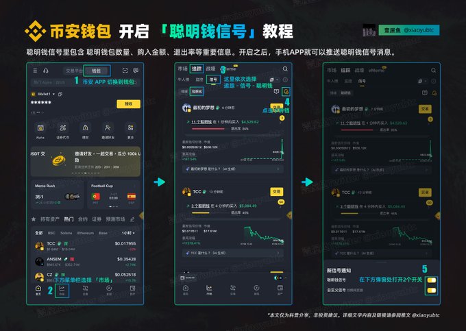 A Chinese-language Binance tutorial titled '币安钱包 开启「聪明钱信号」教程' explaining how to enable the Smart Money Signal feature in the Binance wallet app across three screenshots.