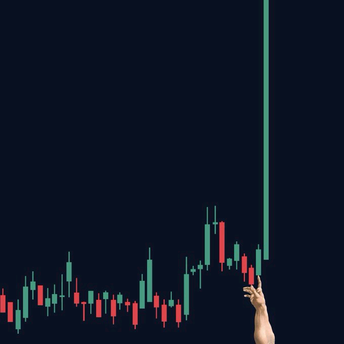 A hand reaches up toward an aggressively rising green candlestick on a dark trading chart, with the post urging readers to be shilled a memecoin ahead of the supposed biggest bull run ever.
