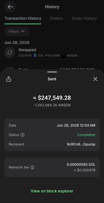 A crypto wallet transaction history showing a completed send of -1,342,084.26 ANSEM (≈$247,549.28) to address 9cRCn9...Gpump on Jun 28, 2026, with a network fee of 0.00000593 SOL, illustrating a case where significant value in the $ANSEM token is locked inside a Pumpfun mint account.