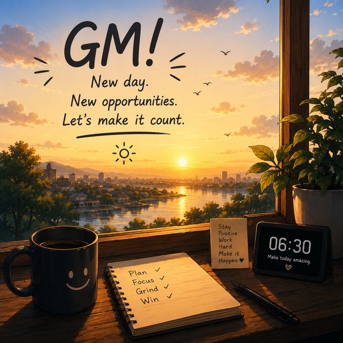 An illustrated morning scene shows a desk by a window with a coffee mug, a notebook listing 'Plan ✓ Focus ✓ Grind ✓ Win ✓', and a clock reading '06:30', under text that reads 'GM! New day. New opportunities. Let's make it count.'
