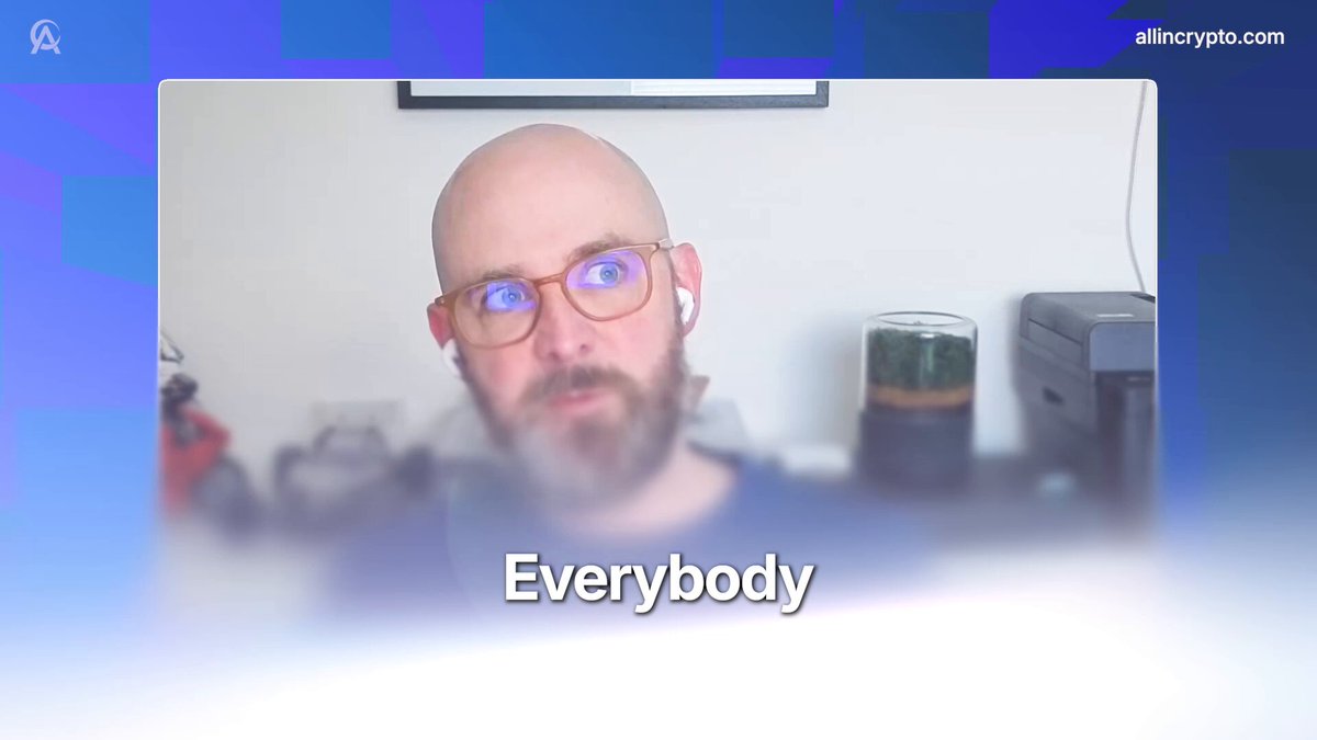 The image shows a man wearing glasses with a beard, sitting at a desk with a computer screen behind him. The text "Everybody" appears in the image as well. The background of the image features a blue square with white text that reads "@moderndosh founder of Nova Modus and ex Ripple to discuss stablecoins, CBDCs, tokenisation, payments, interoperability, AI & the future of financial infrastructure".