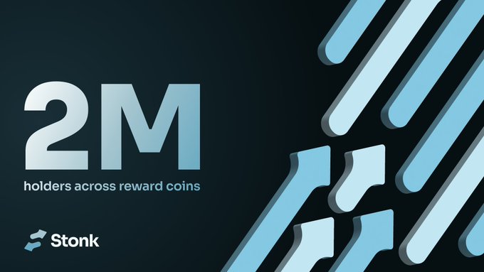Image 2: A promotional graphic with a light blue and dark blue striped design displaying '2M holders across reward coins' with the 'Stonk' logo in the bottom left corner.
