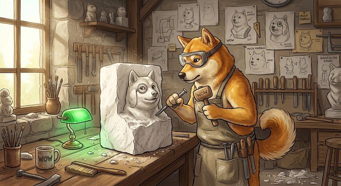 A cartoon illustration of a Shiba Inu dog wearing safety goggles and an apron, sculpting a block of stone into a doge statue in a workshop filled with doge reference drawings and tools.