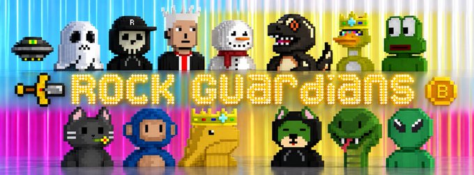 Pixel art banner for "ROCK GUARDIANS" featuring various characters including ghosts, kings, a turtle, a cat, a monkey, and a snake against a colorful gradient background.