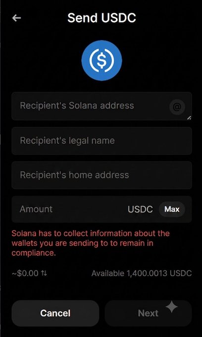 The image shows a "Send USDC" screen on what appears to be a crypto wallet app, requesting the sender to provide the recipient's Solana address, legal name, home address, and amount—alongside a warning in red text stating "Solana has to collect information about the wallets you are sending to to remain in compliance." This illustrates the post's point that sending crypto in Australia requires doxxing the recipient, with 1,400.0013 USDC available to send.