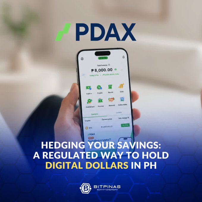 A promotional advertisement for PDAX, featuring a smartphone displaying the crypto trading app, with the tagline 'HEDGING YOUR SAVINGS: A REGULATED WAY TO HOLD DIGITAL DOLLARS IN TH' and BitPinas branding.