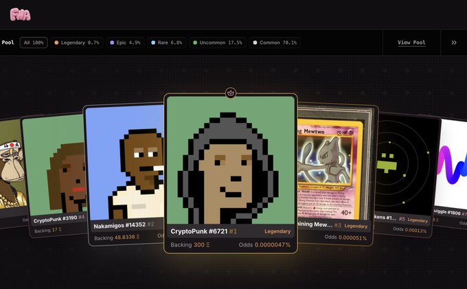 A digital interface displaying a row of NFT collectible cards, with the central focus on 'CryptoPunk #6721' labeled 'Legendary' with 'Backing 300Ξ' and 'Odds 0.0000047%', alongside other items like 'CryptoPunk #3190', 'Nakamigos #14352', and a 'Shining Mew' card.