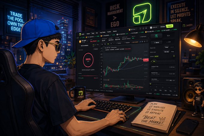 An anime-style illustration of a young trader wearing a blue cap and sunglasses, sitting at a multi-monitor trading setup displaying candlestick charts. Neon signs read "TRADE THE POOL, OWN THE EDGE," "RISK MANAGEMENT > EGO," and "EXECUTE IN SILENCE, LET PROFITS SPEAK," with a notebook that says "BEAT THE MARKET."