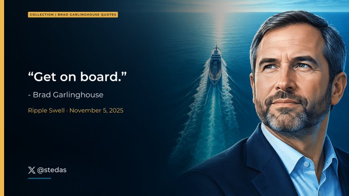 A promotional graphic titled 'COLLECTION | BRAD GARLINGHOUSE QUOTES' features a portrait of Brad Garlinghouse beside an ocean scene with a boat, displaying the quote 'Get on board.' attributed to 'Ripple Swell · November 5, 2025' and credited to '@stedas'.
