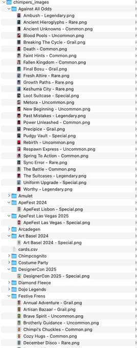 A file directory titled 'chimpers_images' displaying various folders including 'Against All Odds', 'ApeFest', 'Art Basel', 'Chimpognite', 'Costume Party', 'DesignerCon 2025', and 'Festive Frens', with subfolders containing rarity-tagged image files like 'Mythic', 'Legendary', 'Grail', and 'Special'.