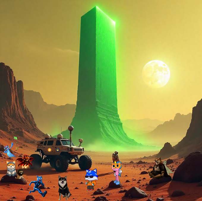 A group of cartoon characters and a rugged rover gather on a red, Mars-like landscape before a towering green obelisk glowing beneath a large moon, visually echoing the post's playful claim that "$LUNC will walk on the moon! #LUNC."