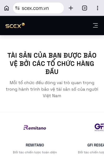 Mobile screenshot of scex.com.vn showing Vietnamese text about asset protection by leading organizations, featuring partner logos including Remitano and GFI Research.