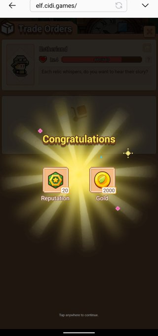 Congratulations screen from elf.cidi.games showing rewards of 20 Reputation and 2000 Gold earned from a Trade Order.