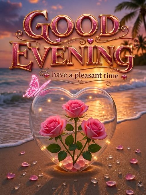A decorative 'GOOD EVENING' greeting card featuring pink roses inside a glass heart on a beach at sunset, with the text 'have a pleasant time' and a pink butterfly.