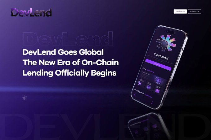 The image is a promotional graphic for "DevLend" with the tagline "DevLend Goes Global – The New Era of On-Chain Lending Officially Begins," featuring a sleek purple-themed design with a smartphone mockup displaying the DevLend interface. It appears to celebrate a major milestone or launch, aligning with the "congrats!!" message to commemorate the platform's global expansion.