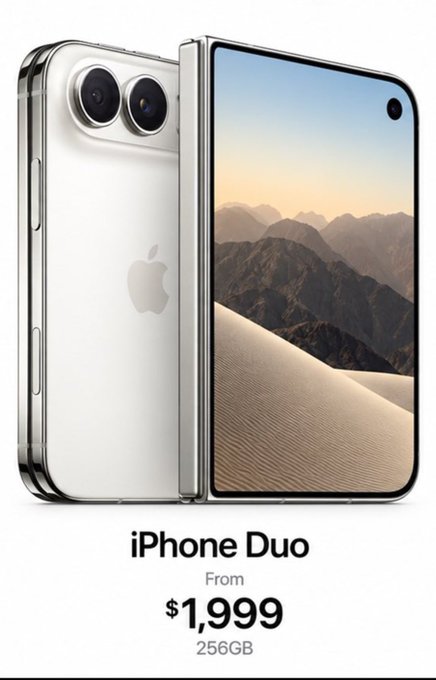 A promotional advertisement for the 'iPhone Duo' (a foldable iPhone concept) starting at $1,999 for 256GB, showing the device's dual-screen design with a silver finish.
