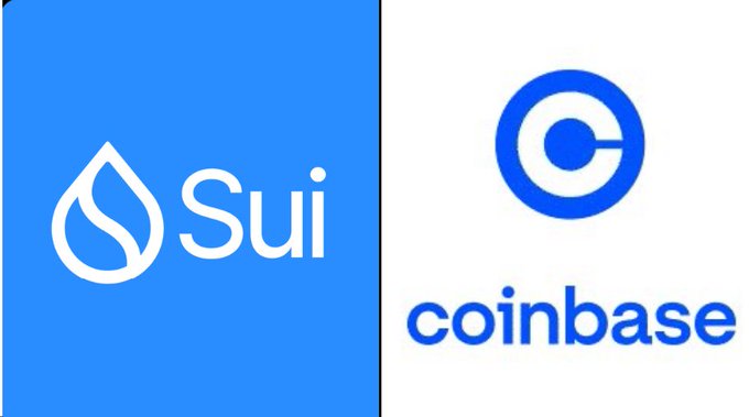Logos for Sui (a blue square with a white water-drop icon) and Coinbase (a blue circular icon with the word 'coinbase').