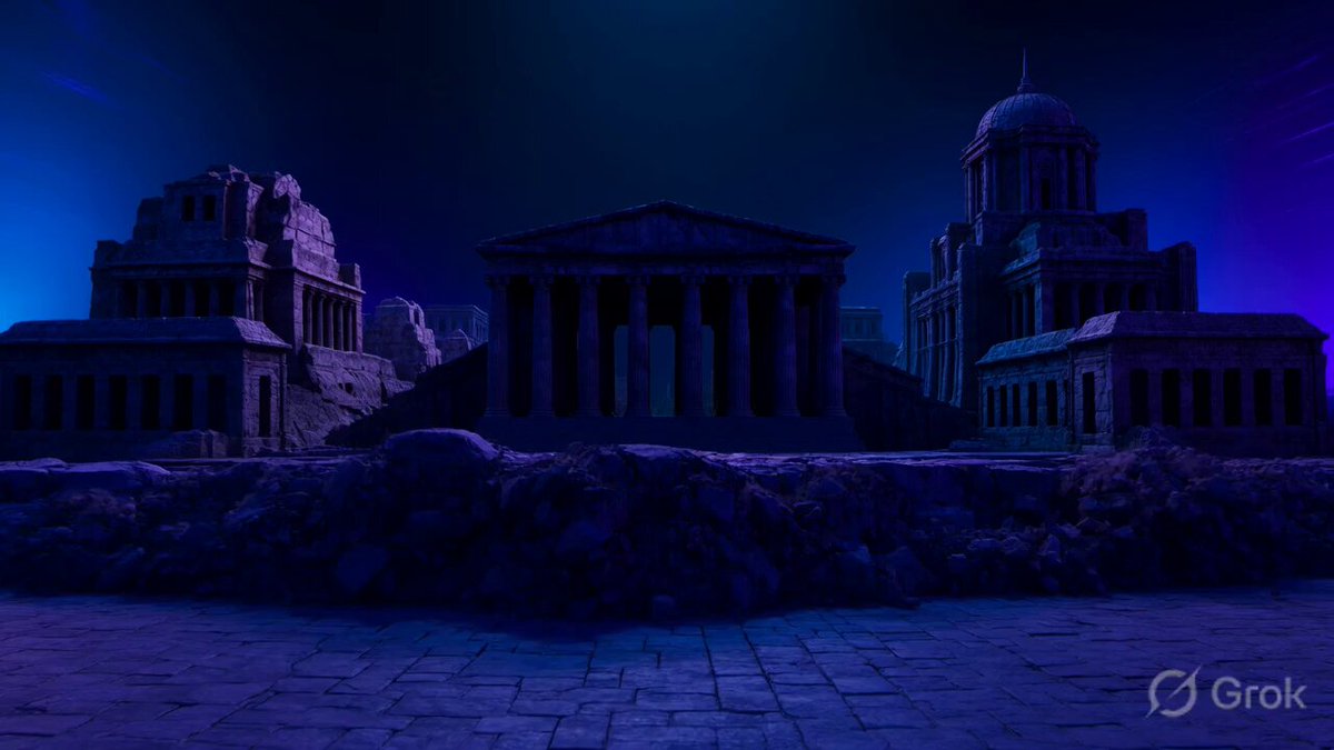 The image features a large, dark stone building with columns that resembles an ancient temple or castle. The scene also includes other buildings of varying sizes and shapes, creating a sense of depth and complexity. In the background, there are purple lights illuminating the area, adding a dramatic effect to the overall atmosphere. The caption at the bottom of the image reads "Sovereign Tsunami Incoming:  $RIVER Ignites the Elite Chain Revolution", which suggests that this scene is related to a post about the new wave of cryptocurrency called Sovereign Tsunami.