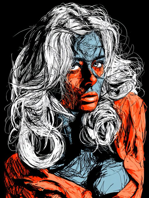 A stylized digital artwork/illustration of a woman with flowing white hair, her face and body rendered in striking blue and orange tones against a black background.