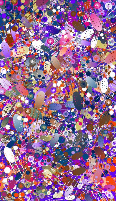 A vibrant abstract digital artwork features an explosion of colorful circles, dots, and geometric shapes in shades of pink, purple, orange, and white.
