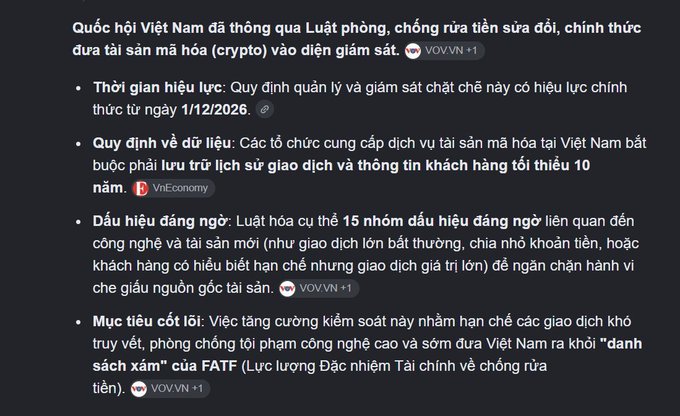 A Vietnamese news article reporting on the Vietnamese National Assembly passing an anti-money laundering law that officially brings crypto assets under regulatory oversight, effective from 1/12/2026.