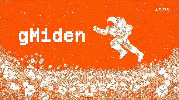 A retro 8-bit style pixelated image with an orange background featuring an astronaut floating above a textured lunar surface, with the text 'gMiden' prominently displayed and a small logo in the top right corner.