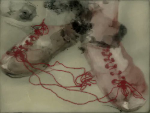 A watercolor-style artwork depicting a pair of worn, light-colored boots tied together with loose red laces.