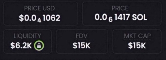 A screenshot displays token metrics showing a price of $0.041062 USD (0.00061417 SOL), with $6.2K liquidity, $15K FDV, and $15K market cap, corresponding to the teased low-cap cryptocurrency mentioned in the accompanying "Next one" promotion.