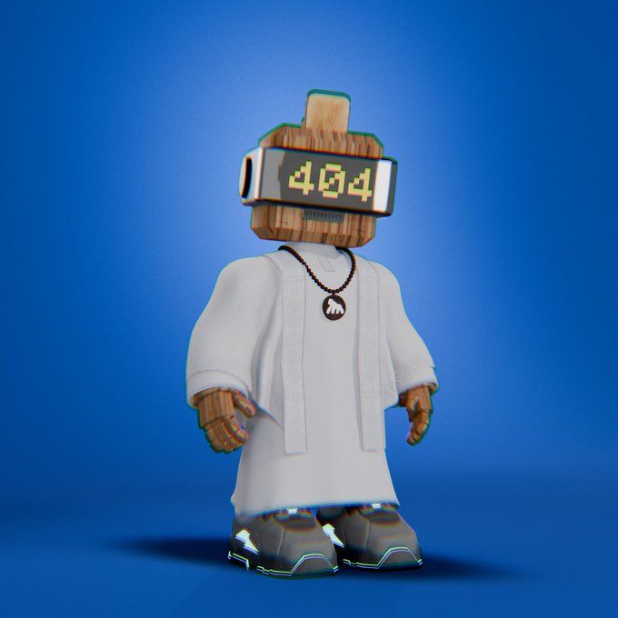 A 3D-rendered character wears a white robe, large futuristic shoes, and a wooden blocky head displaying '404' on a digital screen, set against a blue background.