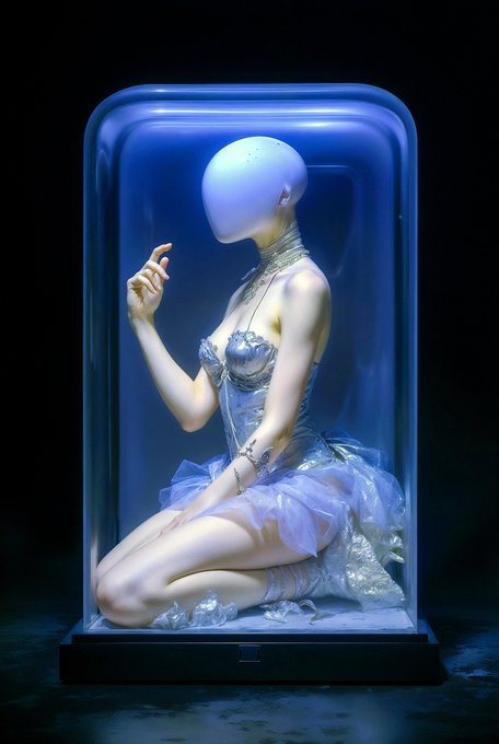 A faceless, ethereal figure in a delicate blue and white dress kneels gracefully inside a glowing display case, embodying a dreamlike, sculptural aesthetic. The post announces the sale of this digital art NFT (edition 6/10) to @neuromechsvault on the Tezos-based platform objkt.com, with the figure's serene, otherworldly presence reflecting the collectible's artistic value.