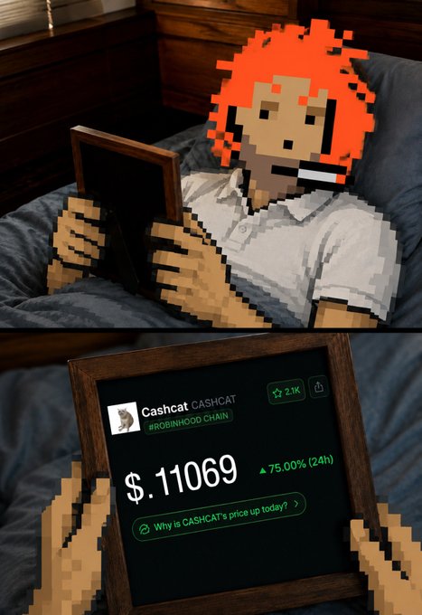 A pixel art style image showing a character with orange hair holding a picture frame that displays a Cashcat cryptocurrency price of "$.11069" on the Robinhood Chain with a 75.00% (24h) increase.