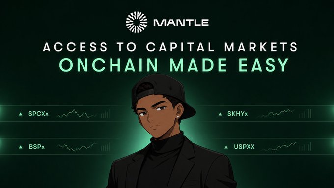 A promotional graphic for "MANTLE" featuring an animated character in a black suit and backwards cap, with the text "ACCESS TO CAPITAL MARKETS ONCHAIN MADE EASY" and stock tickers SPCXx, SKHYx, BSPx, and USPXx.
