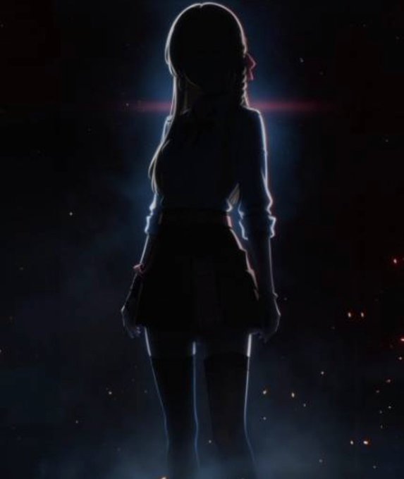 A silhouette of a female character stands in a dark, atmospheric setting, backlit by a bright white glow with red accents and floating embers.